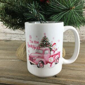 Tis the Season Snowman Pink Truck 15 oz Ceramic Coffee Mug